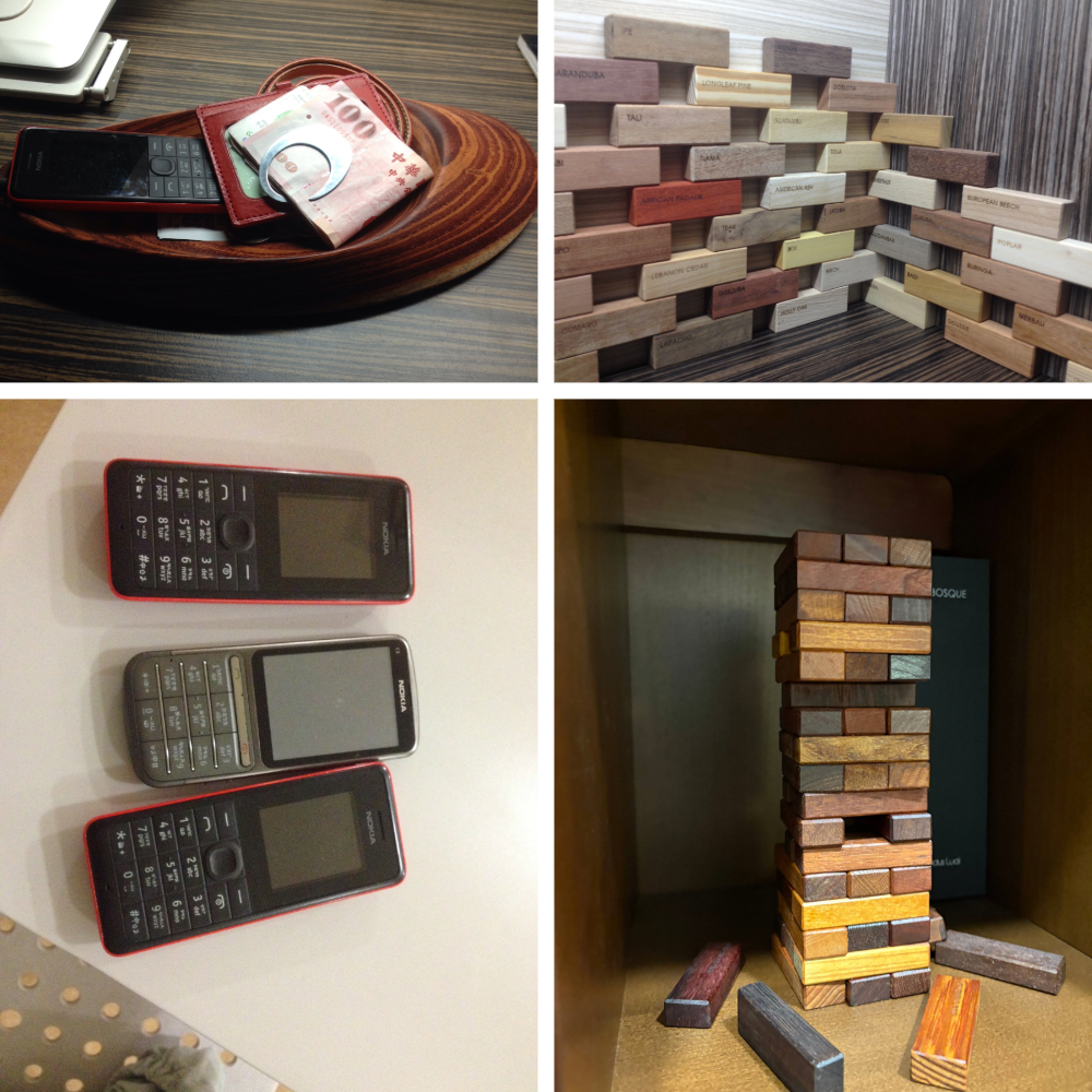 左邊基本上就是智障機,一排Intern用的智障機。右邊是原木的疊疊樂,用了亞麻仁油保養後原本生動的顏色就消失了,但會一直維持油亮的色澤。